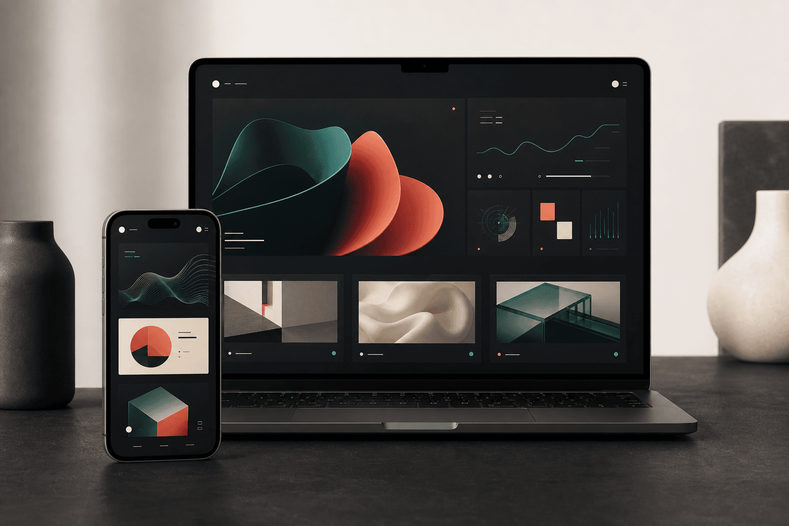 Fictional portfolio interface preview on laptop and phone